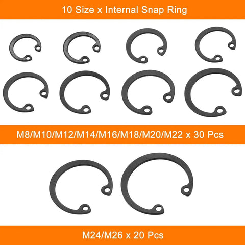 Internal Retaining Ring Circlip All In One Assortment Set 280 Pcs 65Mn Steel Snap Rings In 10 Sizes M8 to M26 displayed