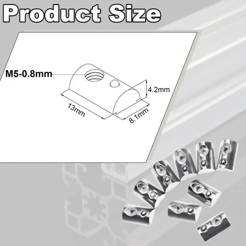 Diagram and scattered M5 Spring Loaded T Nut 70 Pcs M5x0.8mm Half Round Roll In T Nuts Carbon Steel Nickel Plated