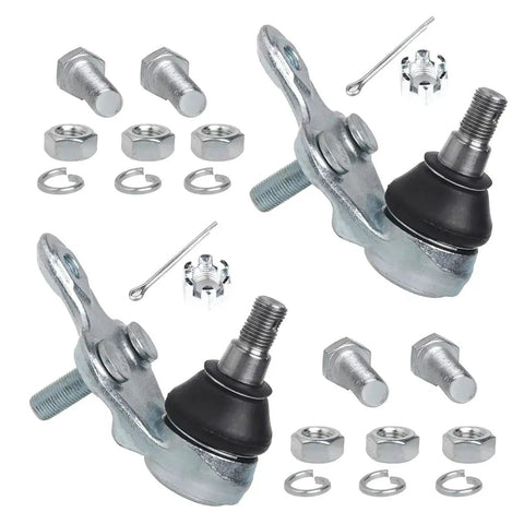 Two front lower control arms with ball joints in silver metal and mounting hardware.