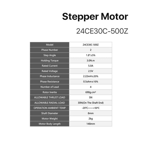 Stepper motor model 24CE30C-500Z data sheet with 3.0 N·m torque, 5.0 A current, 8 mm shaft, 148 mm length