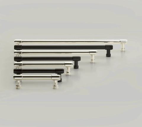Assorted sizes of Emtek Jasper 5 Inch Center To Center Bar Cabinet Pull 86688US4 From The Industrial Modern Collection on display