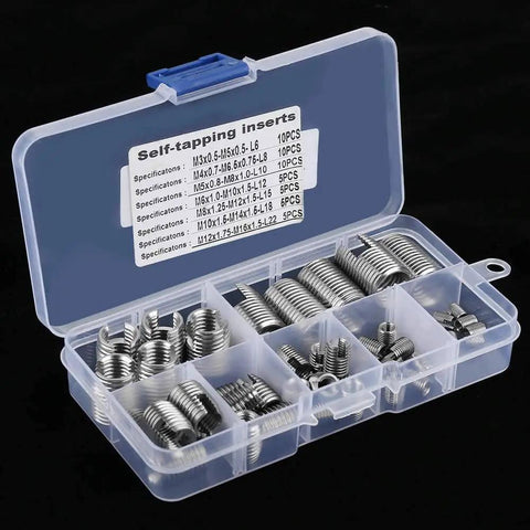 50 Pcs 302 Stainless Steel Inner Thread Self Tapping Thread Inserts Set For Metal Repair And Reinforcement in plastic case