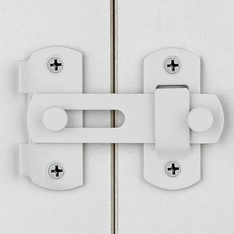 4 Pack Matte White Stainless Steel Barn Door Latches 2.75 Inch By 2.02 Inch Sliding Gate Lock Bi Fold Door Latch installed on door