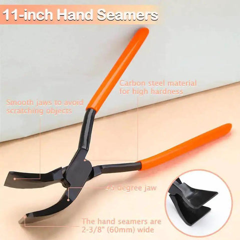 11 Inch Hand Seamer Sheet Metal Tool with 45 Degree Jaws and PVC Handle, features orange handles and steel jaws, ideal for metal work.