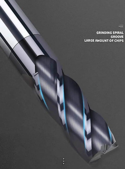 Close-up of Pro Grade Five Piece Half Inch Carbide Square End Mill Set With AlTiN Coating For Alloy And Hardened Steels Four Flute End Mills HRC 45