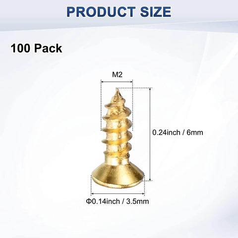 Go-To Brass Wood Screws 100 Pack M2x6mm Phillips Flat Head Self-Tapping Fasteners shown with measurements for size reference.