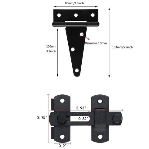 Diagram of Self-Closing Gate Latch Kit With Tee Hinge And 4-Inch T-Strap Hinges Black Finish with measurements shown