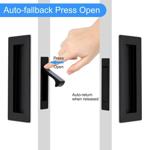 Sliding Pocket Door Handles Set Matte Black 304 Stainless Steel Non Locking Recessed Flush Finger Pulls And Heavy Duty Edge Pull 6 Inch Length Durable Rust Resistant High Quality Hardware showing auto-fallback and press open feature.