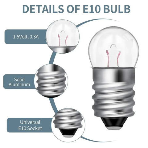 E10 mini bulb details with solid aluminum, 1.5V 0.3A, and universal E10 socket for DIY projects and experiments.
