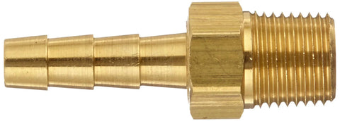 Side view of barbed brass hose fitting with male insert for one eighth inch NPTF male threads and three sixteenth inch hose ID Dixon Valve BN151