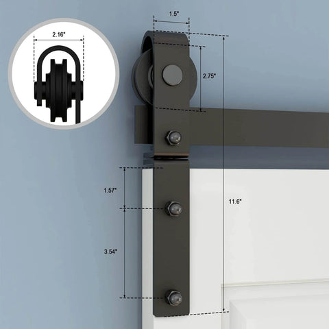 Beefed Up Heavy Duty Bi Folding Barn Door Sliding Track Kit For Four Doors 6 Foot 72 Inch Rails Frosted Black Finish close-up hardware