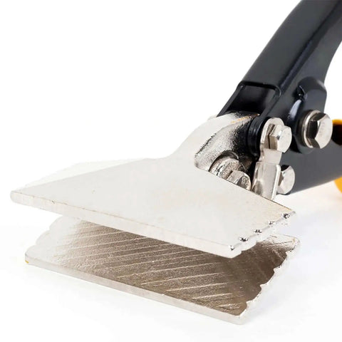 Close-up view of heavy duty hand seamer with straight jaw duckbill pliers for sheet metal work, 18 to 30 gauge compatibility, ergonomic PVC grip.