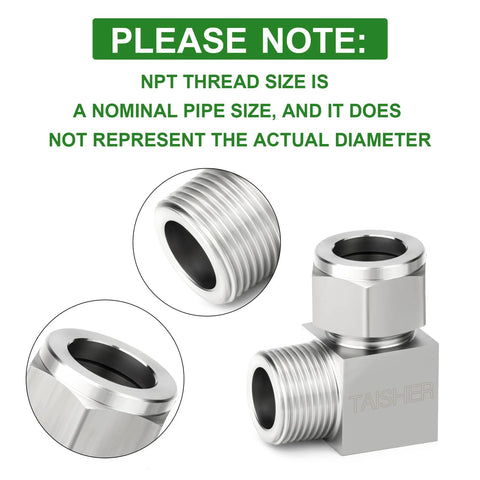 TAISHER 2-pack 304 stainless steel square 90-degree compression tube fittings, 1/2" tube OD to 1/2" NPT male adapter.