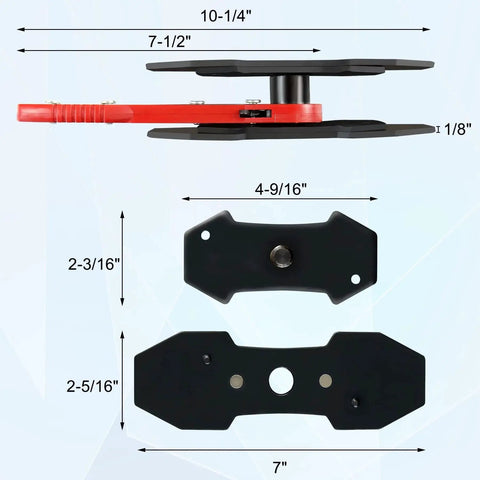 JoyFans brake caliper compression tool set, side view showing red handle and 4 spreader plates with black brackets