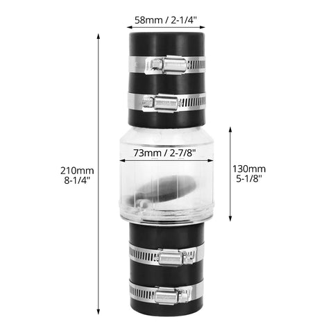 QWORK Silent Check Valve CV-150, 1-1/2 in, clear body with Buna-N couplings and steel clamps (front view)