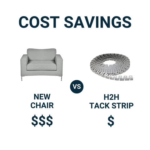 Comparison of a gray chair and Twenty Foot Metal Flexible Tack Strip For Upholstery With Curve Easy Grip Pro Grade Upholstery Supply