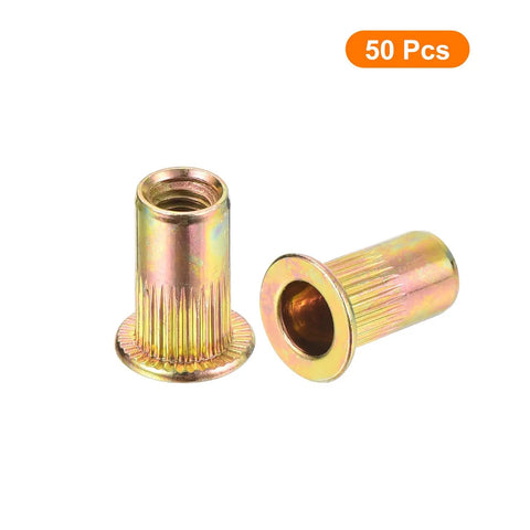 Flat Head Rivet Nut Set Of Fifty Carbon Steel Threaded Inserts With Knurled Body And Zinc Plated Finish Ten Thirty Two Thread Size