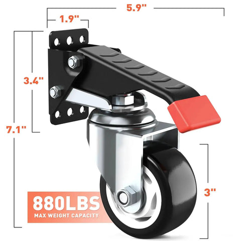 4 Pack 3 Inch Heavy Duty Retractable Workbench Casters Kit with upgraded thick steel and double bearings for 880 lbs capacity, close-up view