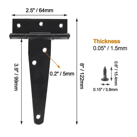 Eight 4-Inch T-Strap Door Hinges With Mounting Screws, displayed with dimensions, heavy-duty iron for barns, gates, and sheds