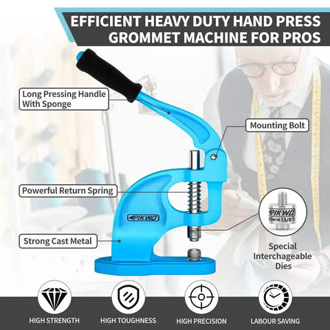 Heavy Duty Eyelet Grommet Machine Press Kit With 3 Interchangeable Dies and 900 Grommets displayed with labeled features