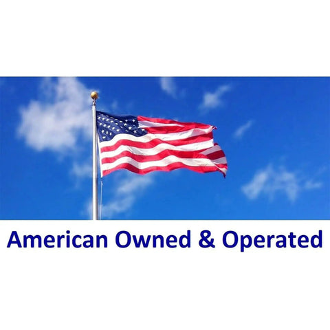 American flag waving with text 'American Owned & Operated' against a clear blue sky
