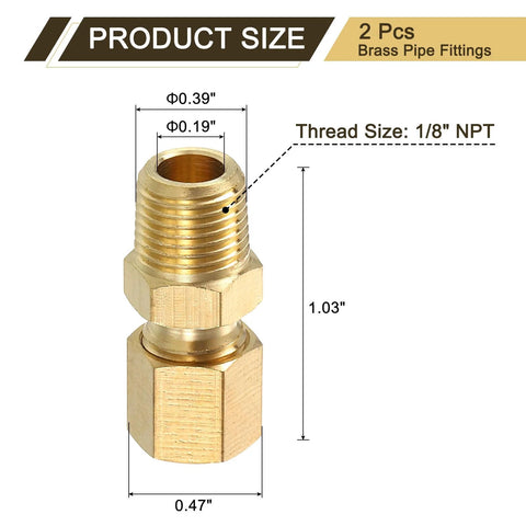 Brass pipe fitting, 3/16 OD to 1/8 NPT male compression union, straight coupling adapter, 2 pcs