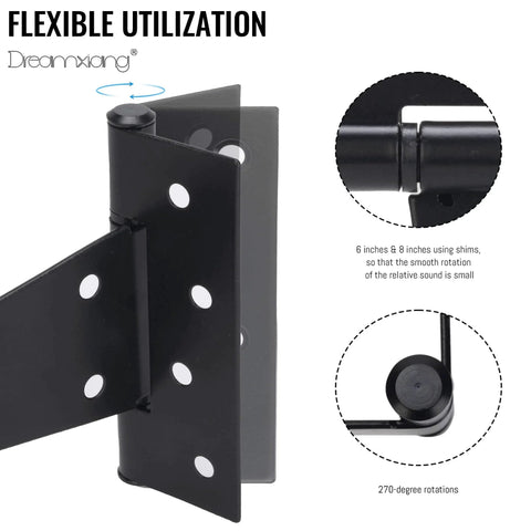 Close-up of 10 Inch T Strap Gate Hinges Heavy Duty Shed Barn Door Hinges Black Tee Hinges showing flexibility and rotation details.