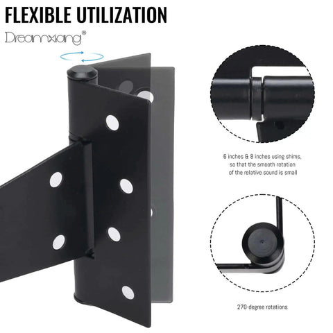 Close-up of 6 Inch T Strap Gate Hinges Tough As Nails Heavy Duty Barn Door Hardware, black powder coated with flexible mechanism.