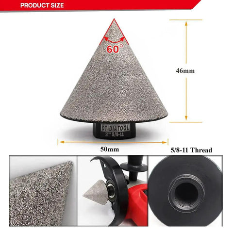 Pro Grade Diamond Beveling Chamfer Bit for Granite and Marble Tiles, 2 Inch Diamond Hole Saw With Five Eighths Inch Eleven Thread For Angle Grinder, Enlarge And Shape Existing Holes From One Quarter Inch To Two Inch DT-DIATOOL displaying size and thread specifications