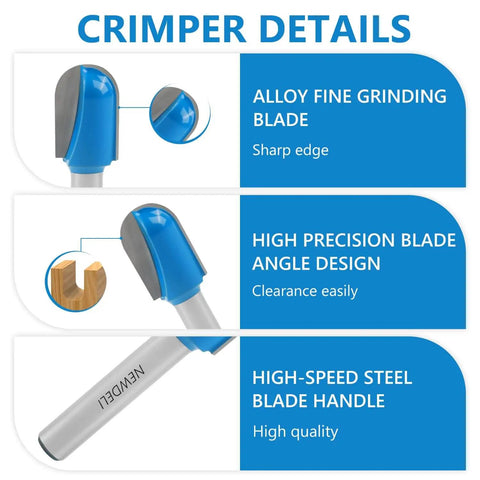 Detailed view of router bit with alloy fine grinding blade, high precision blade angle design, and high-speed steel handle.