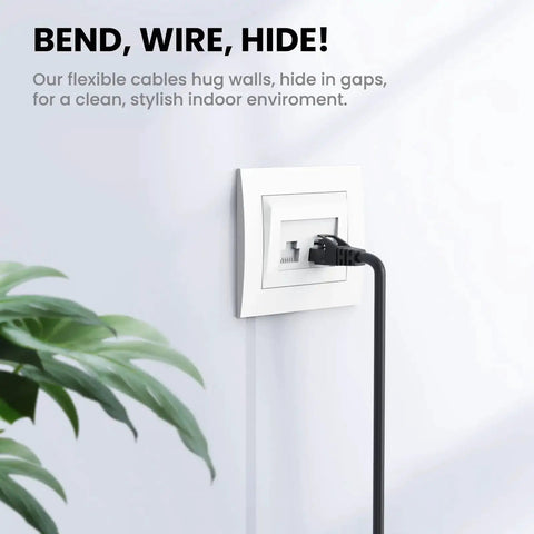 Cat6 Ethernet Patch Cable 15 Feet 10 Pack High Speed Network Cord in wall outlet, black cable