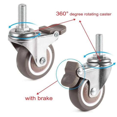 Mini 1 Inch Swivel Threaded Stem Casters M6x15mm With TPE Quiet Wheels Chrome Plated Steel Frame Heavy Duty 99 Lb Capacity, with brake