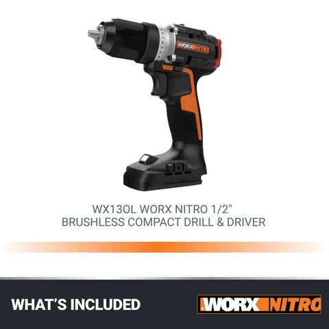 Nitro 20V Cordless Drill Driver With Brushless Motor Ultra Compact And Lightweight Only Six Inches Long And About Three Pounds Power Share Compatible Tool Only Half Inch Chuck Delivers Up To Five Hundred Inch Pounds Of Torque And Zero To Two Thousand One, side view