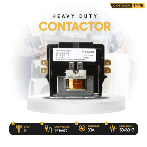 Heavy Duty 2 Pole 30A AC Contactor For HVAC And Refrigeration, front view on stand, 120V coil, ideal for air conditioners and compressors.