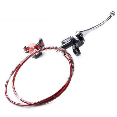 Mini bike hydraulic disc brake lever and red braided hose with red caliper assembly