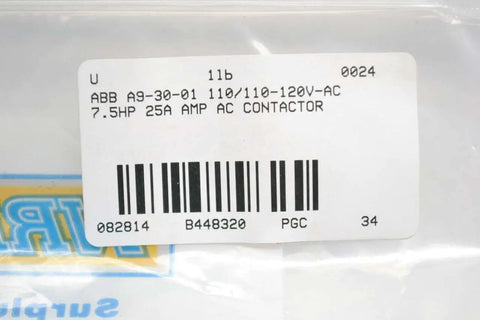Label of Single AC Contactor A9-30-01 1000V DC Rated 26A 110-120VAC Coil 60/50Hz 7.5HP Motor Control Relay with barcode