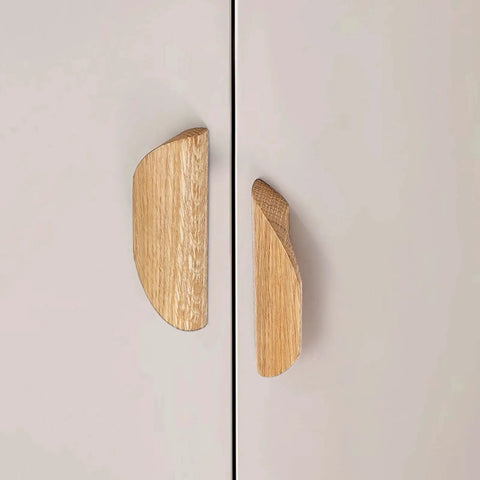 Oak Wood Oblique Angle 4.41 Inch Windbreaker Cabinet Door Handle In Antique Long Walnut Finish installed on cabinet doors