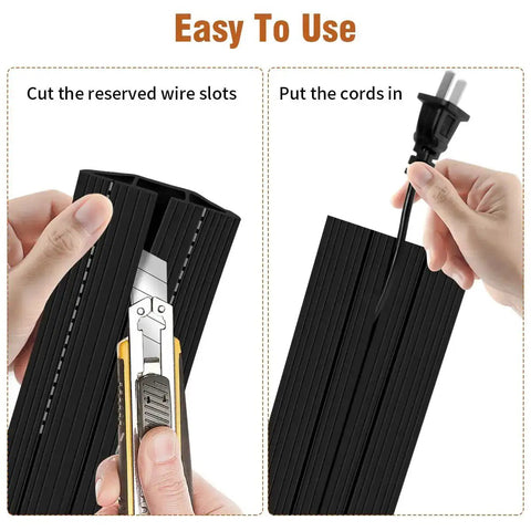 Person installing Heavy Duty Floor Cable Cover With Three Channels For Wires On The Floor Outdoor Cord Hider and cutting wire slots.