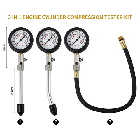 8 Piece Engine Compression Tester Kit 0 To 300 PSI For Cars Motorcycles Trucks showing three gauges and hose.