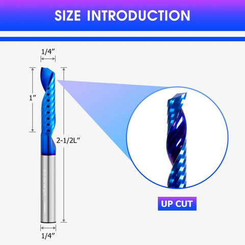 Upcut Spiral Router Bit, Pro Grade Carbide With Blue Coating, Single Flute, Flat Top, 1/4 Inch Shank, 1/4 Inch Cutting Diameter.