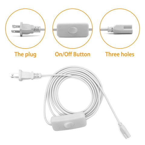 Six Foot T5 T8 LED Tube Power Extension Cable With On Off Switch 3 Pack For Integrated LED Light Fixtures 110 To 250 Volt Supports Up To 120 Watt 3 Pin Connector Plug And Play Safe Replacement Cable For Office Home And Garage Lighting showing plug, on/off button, and 3-pin connector
