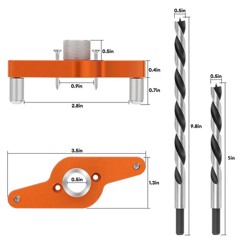 Floating Shelf Drill Guide Kit With Half Inch By Nine Point Eight Inch And Half Inch By Five Inch Bits, Self Centering Doweling Jig For Hidden Shelf Brackets, Mantle Straight Hole Drill Guide For Invisible Shelf Hardware And Easy Install, showing aluminum parts and drill bits.