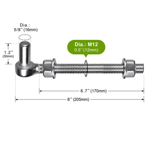 304 Stainless Steel Gate Hinge Set M12 By 8 Inch J Bolt Gate Hinges With Five Eighths Inch Pin, 8-Inch Length