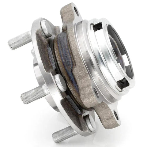 Front Wheel Hub Bearing Assembly Compatible With Nissan Altima 07-18, Maxima 09-18, Murano 09-18, close-up view showing bolts and steel material