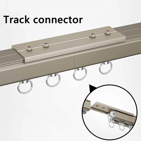 Close-up of Heavy Duty Ceiling Curtain Track System With Aluminum Alloy Sliding Rails For Room Divider And Space Separation Wall And Ceiling Mounted With Silent Pulley, track connector view.