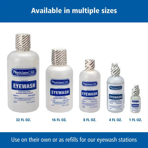 Various sizes of Eye Wash Bottles ranging from 1 oz to 32 oz, labeled "Available in multiple sizes."