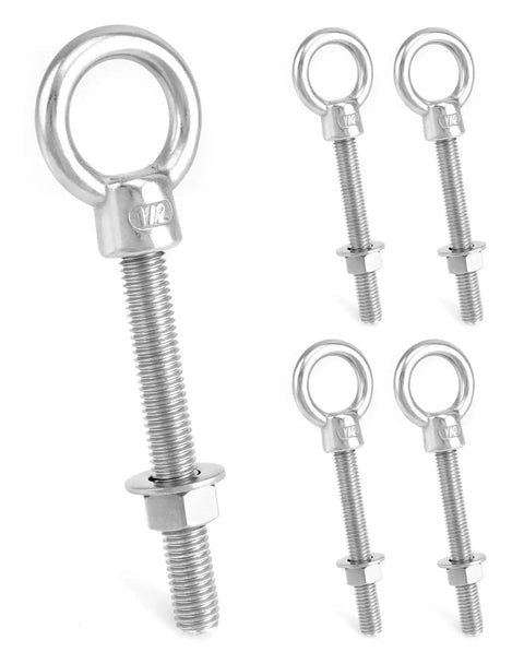 316 Stainless Steel Shoulder Eye Bolt Set Half Inch By Four Inch Marine Grade Eyebolts with Nuts, Rust Resistant, Heavy Duty Pack of Five.