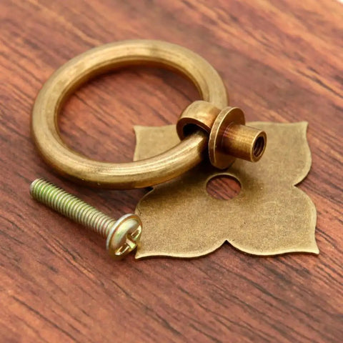 Set Of 4 Vintage Antique Bronze Ring Pulls In Pure Solid Brass Four Leaf Clover Base Retro Cabinet Hardware with screw
