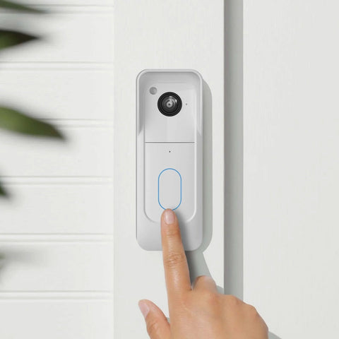 A hand pressing a Blink Video Doorbell 2025 2nd Gen with a Forty Five Degree Adjustable Doorbell Camera Mount With Weatherproof Cover installed.