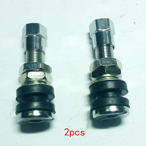 Two stainless steel motorcycle tire valve stems with black rubber seals for tubeless tires